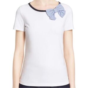Kate Spade Bow T Shirt - Cotton White Pinstripe Blue Bow, Cottagecore Small S